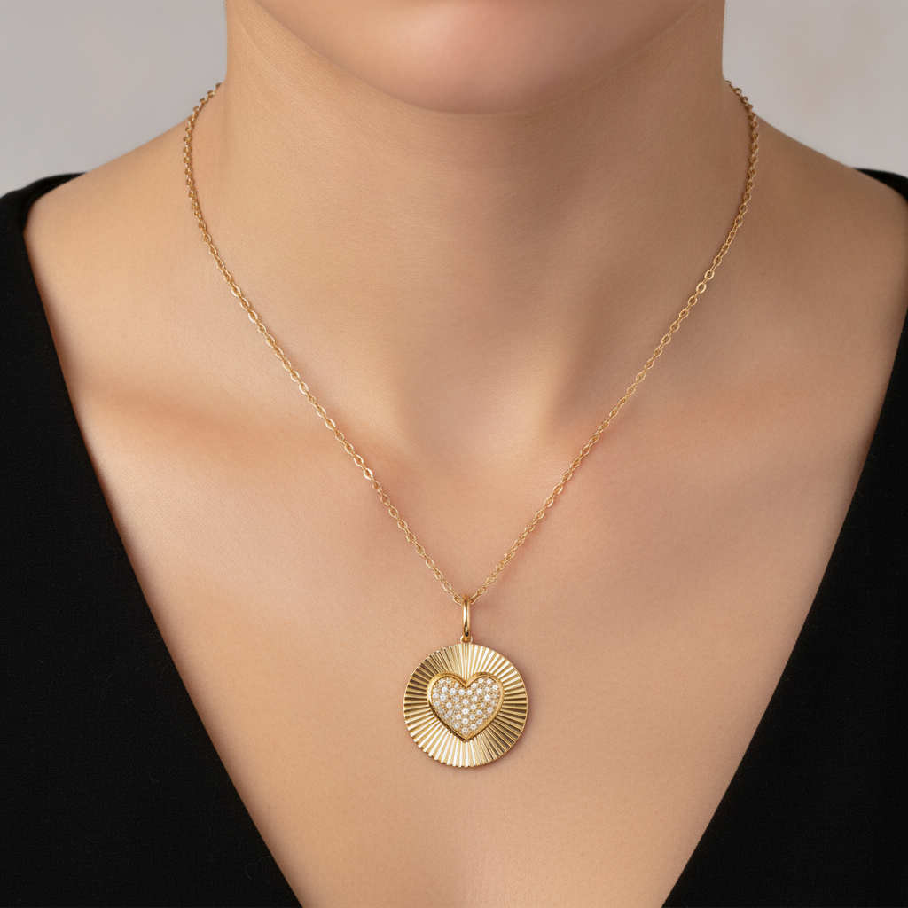 PFC33130. 14K Solid Gold Diamond Heart Medallion Necklace