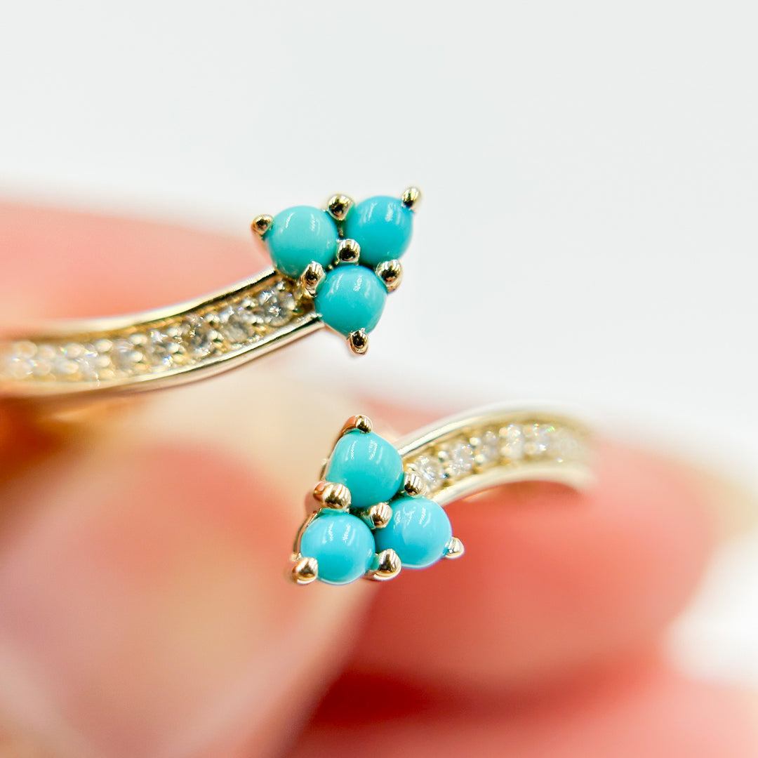 14K Solid Yellow Gold Diamond and Turquoise Open Triangle Ring