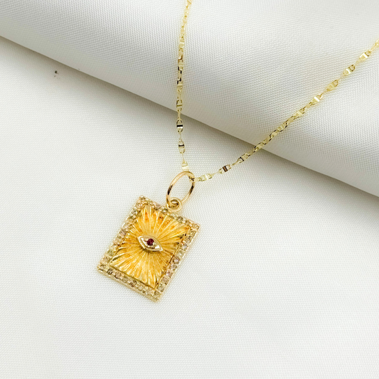 14K Solid Gold Diamond and Ruby Rectangular Evil Eye Charm. GDP557