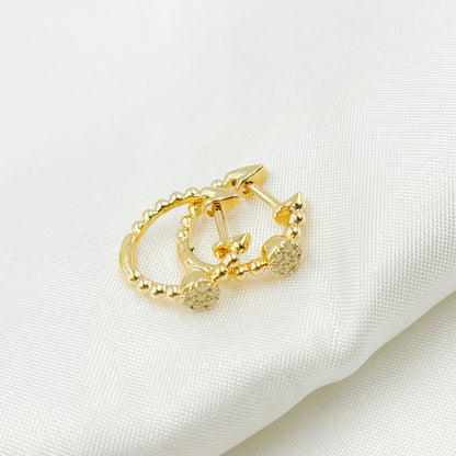 HP402520. 14K Solid Yellow Gold Diamond Beaded Flower Hoop Earring