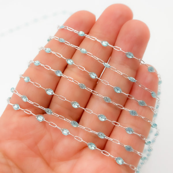 Sterling Silver Sky Blue Opal Color Enamel Cable Chain