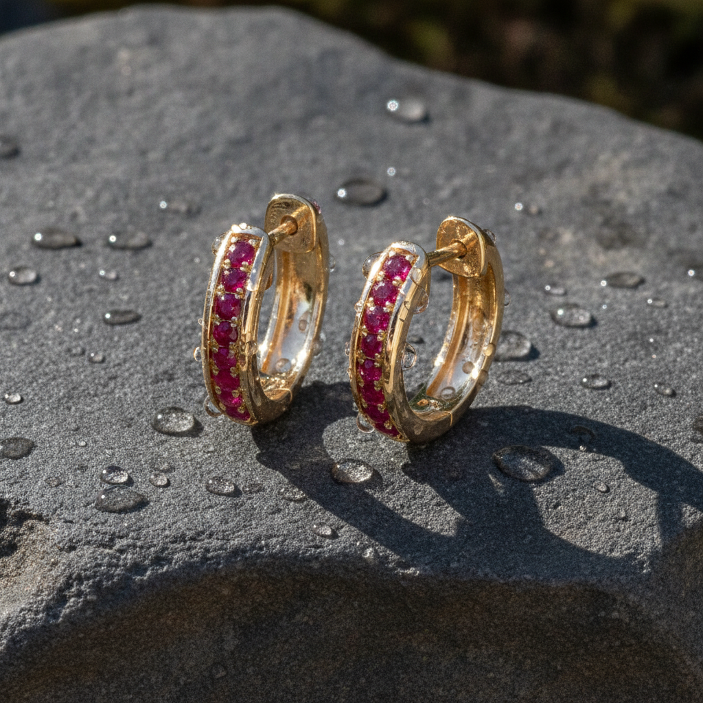 EHZ56598RU. 14K Solid Yellow Gold Ruby Huggies