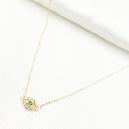 NFB71609EM. 14K Solid Gold Diamond and Emerald Eye Shape Necklace