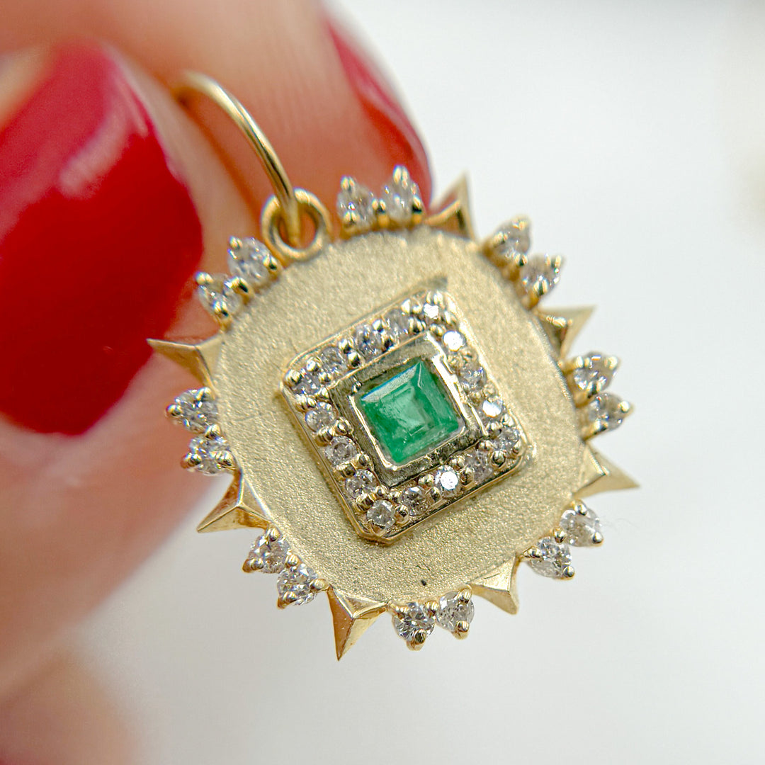 14k Solid Gold Diamond and Emerald Square Charm. GDP656