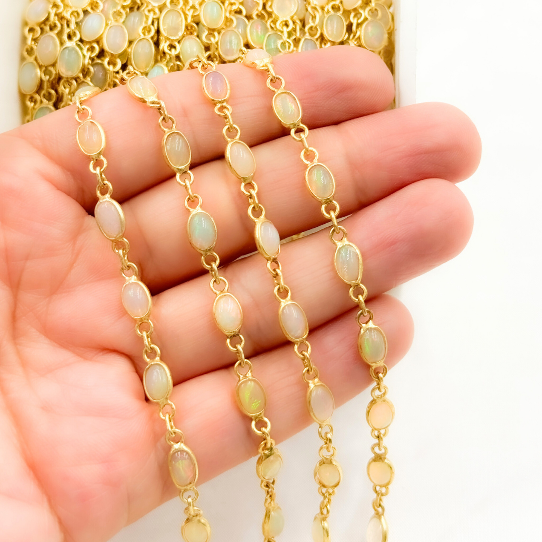 ETH13. Ethiopian Opal Oval Shape Bezel Gold Plated Wire Chain