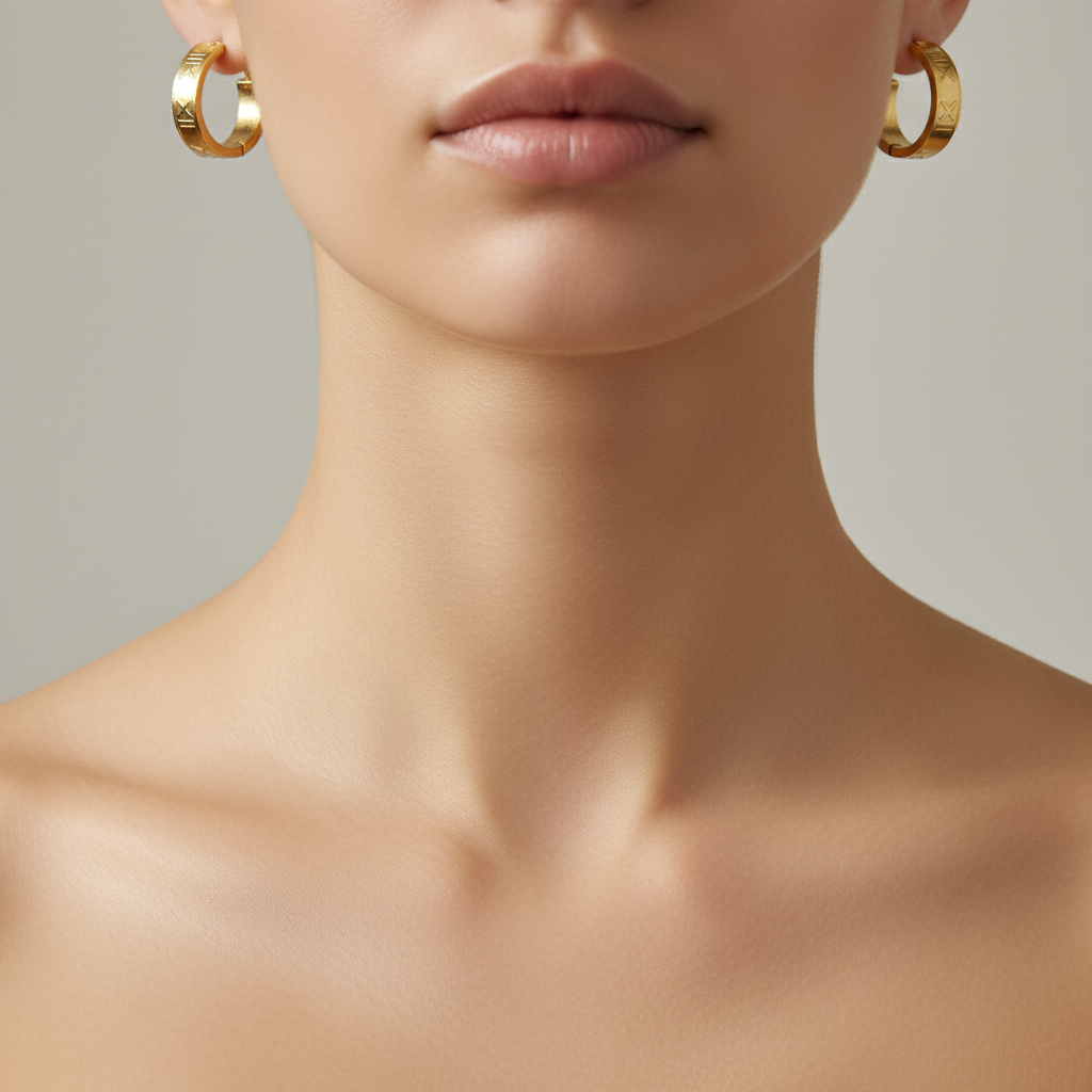 GER158. 14K Solid Gold Hollow Flat Hoop with Roman Number