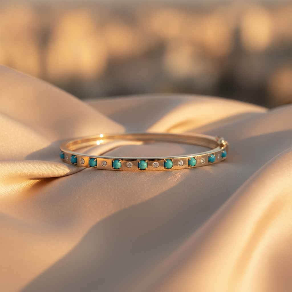 BNE68710. 14K Solid Gold Diamond & Gemstone Bangle