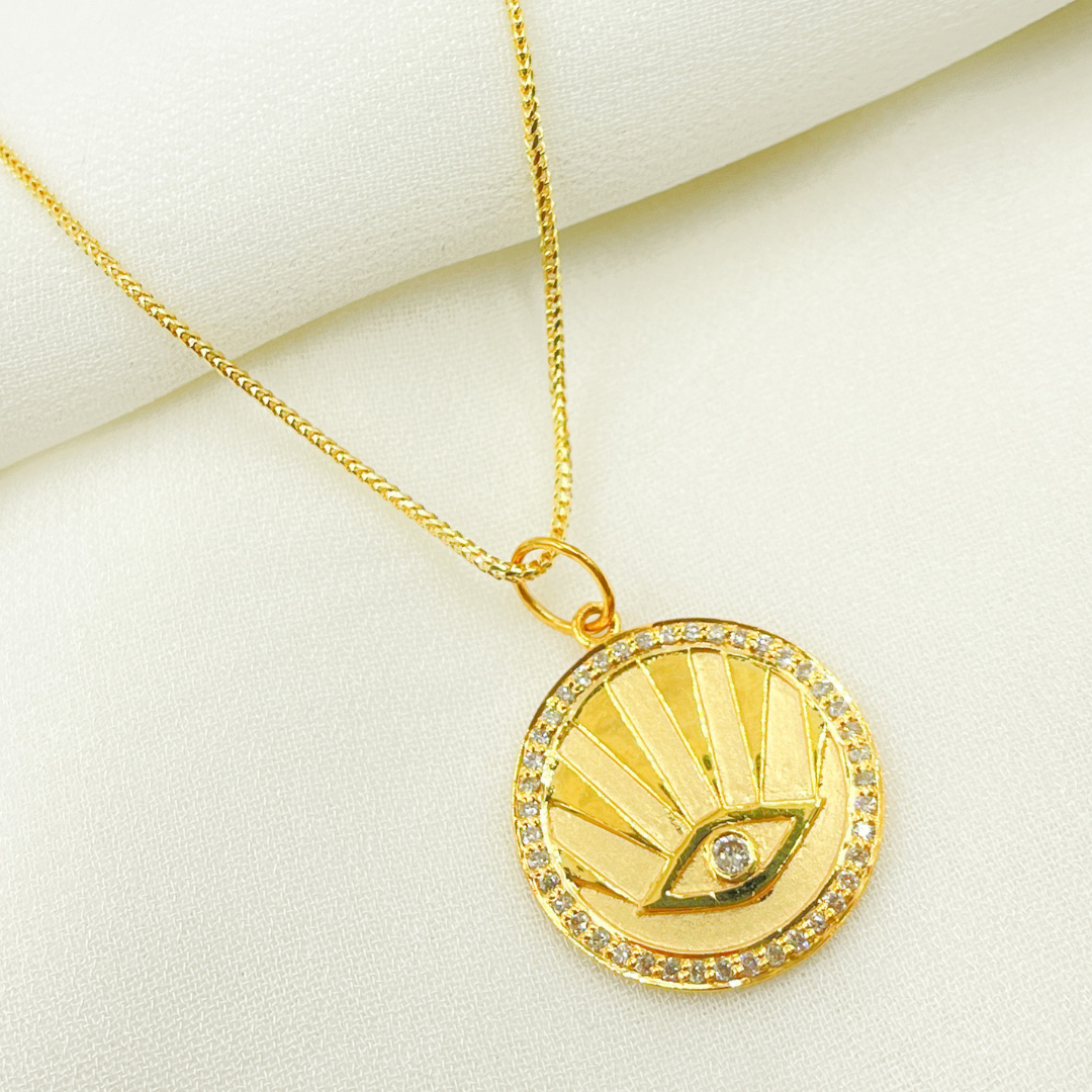 14K Solid Gold Charm. Circle Pendant with Diamonds. GDP201