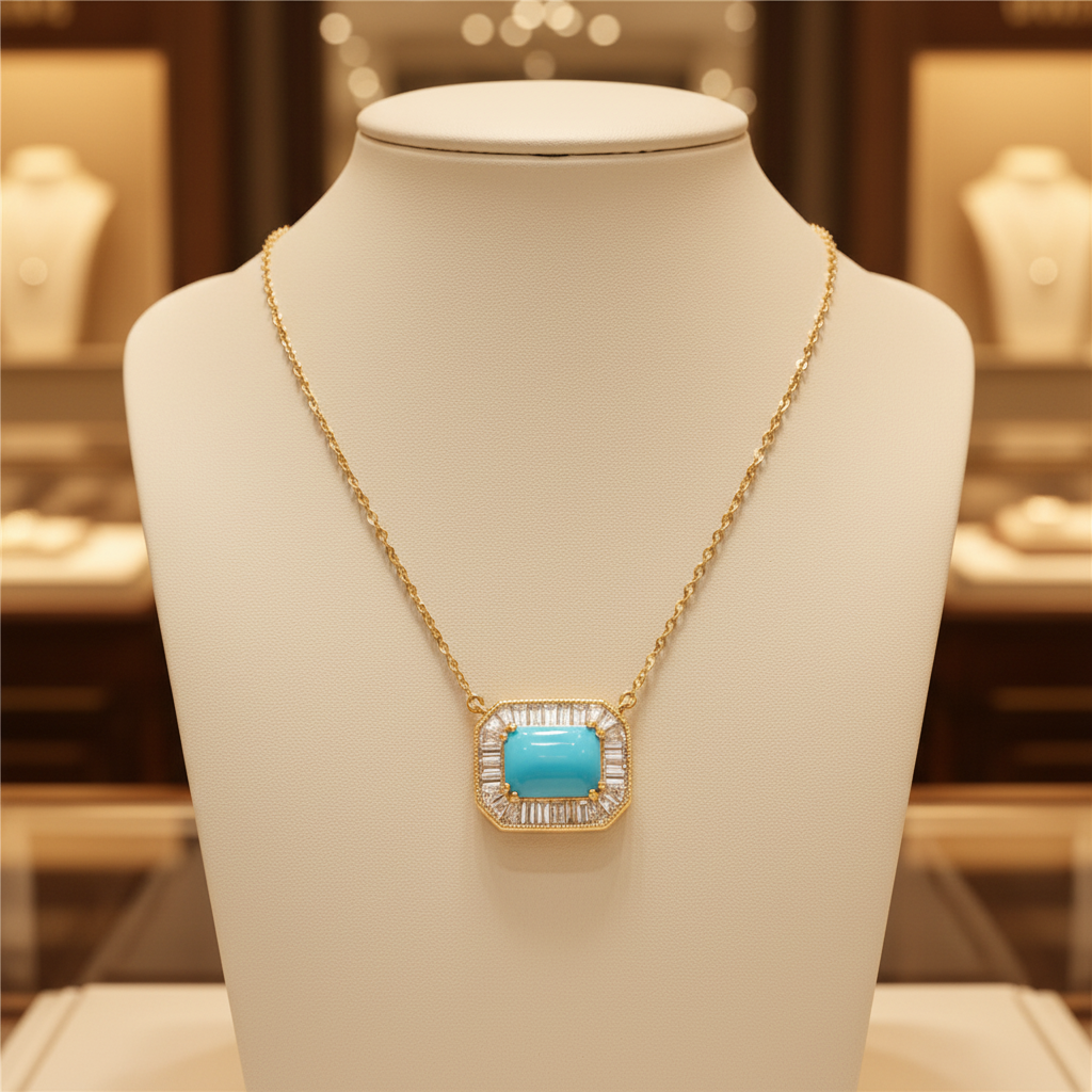 CN97216TQ8X6. 18K Solid Gold Diamond & Turquoise Necklace