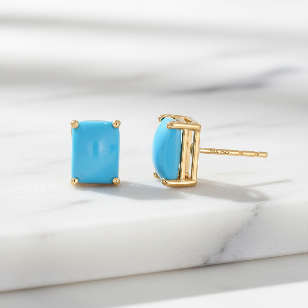 CE96806TQ8X6. 14K Solid Yellow Gold Turquoise Rectangle Stud Earring