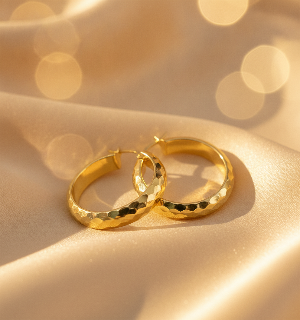 GER5. 14K Solid Gold Hollow Hoop Earrings