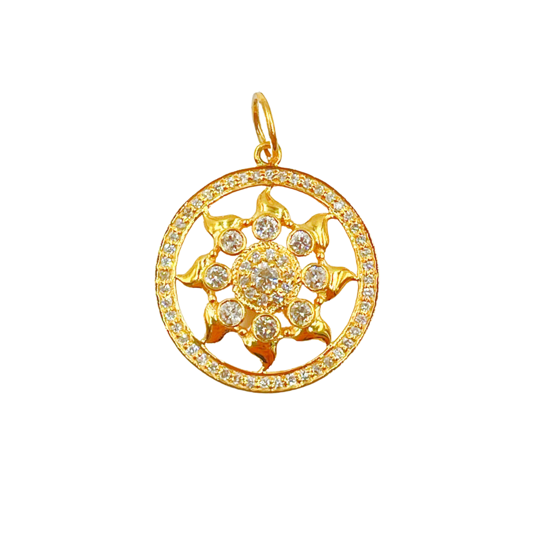 14K Solid Gold with Diamonds Circle Charm with Sun in the Center. GDP214