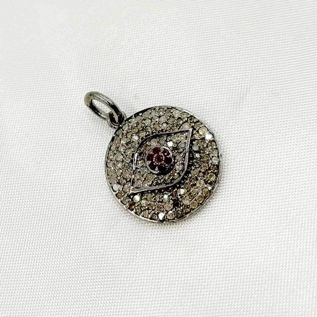 DP043. Diamond & Sterling Silver Round Evil Eye Pendant with Gemstone in the center