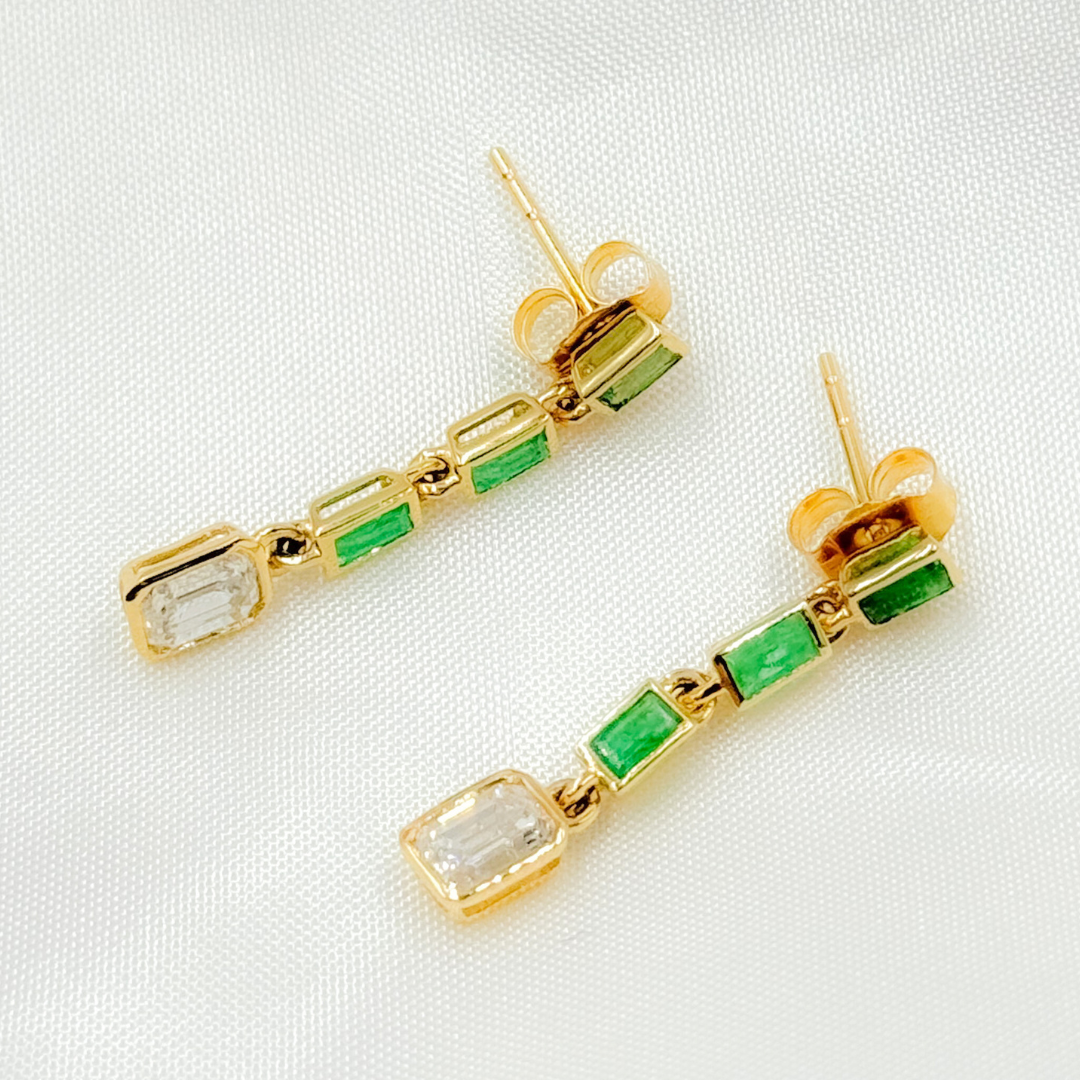 14k Solid Gold Diamond and Emerald Dangle Rectangle Earrings. EFI51973EM