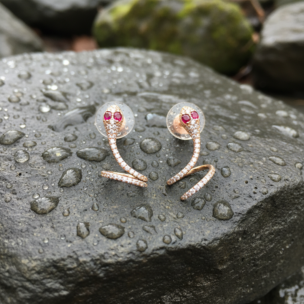 EFE53688RU. 14K Solid Gold Diamond and Ruby Snake Studs