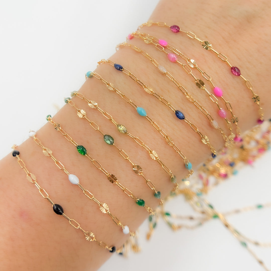 V295PKGF. 14K Gold Filled Pink Color Enamel with Paperclip and Diamond Cut Marina Links