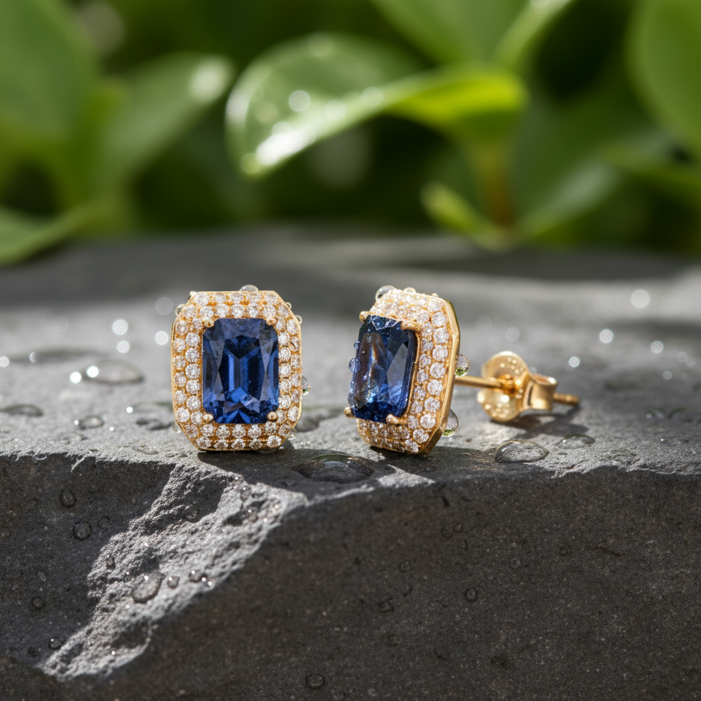 CE97162BS7X5. 14K Solid Gold Diamonds and Blue Sapphire Rectangular Stud Earrings