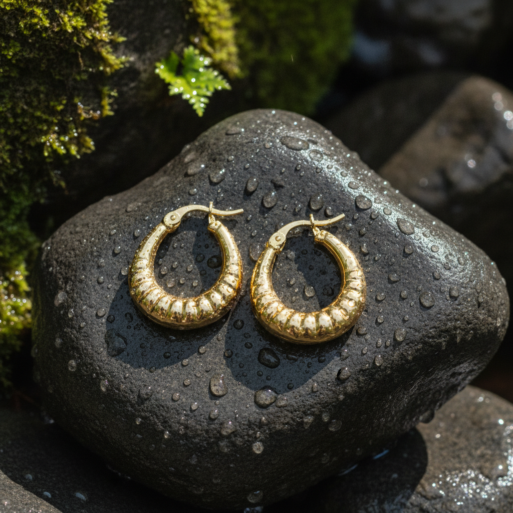 GER176. 14k Yellow Gold Croissant Small Hollow Hoops