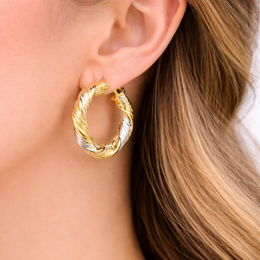 GER32. 14K Solid Gold Twist Round Classic Hollow Hoop Earrings