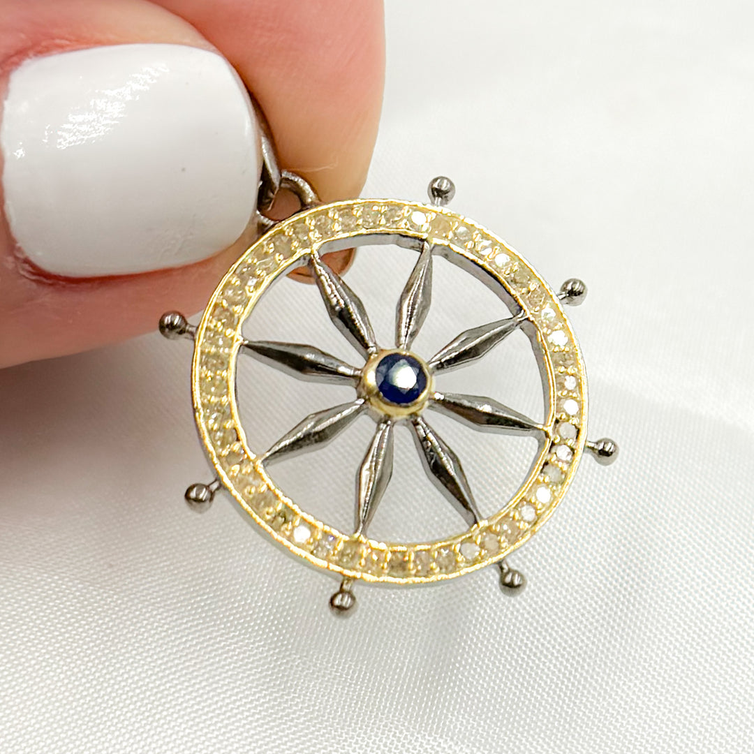 DP687. Diamond Sterling Silver Round Flower Pendant with Gemstone