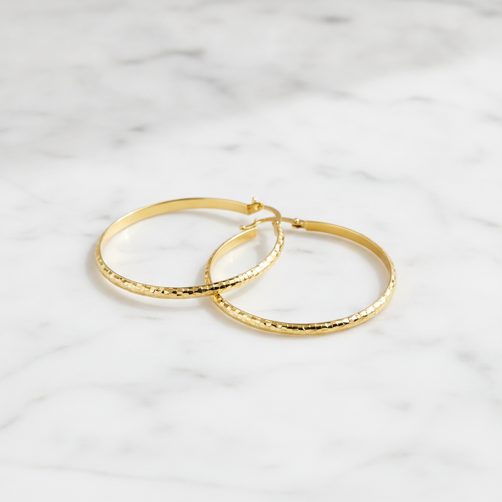 GER73. 14K Gold Diamond Cut Hollow Hoop Earrings