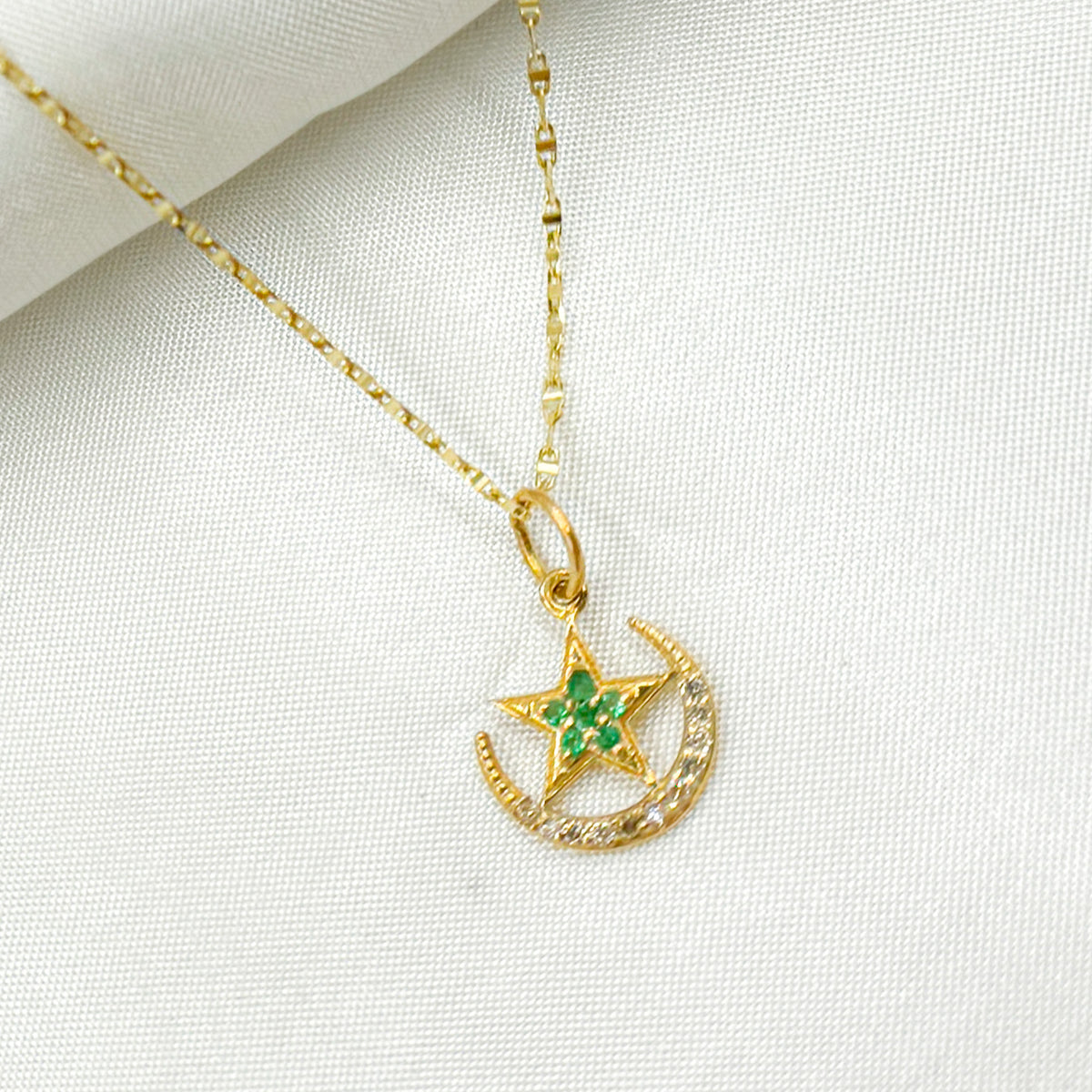 GDP403. 14k Solid Gold Diamond and Gemstone Moon and Star Charm