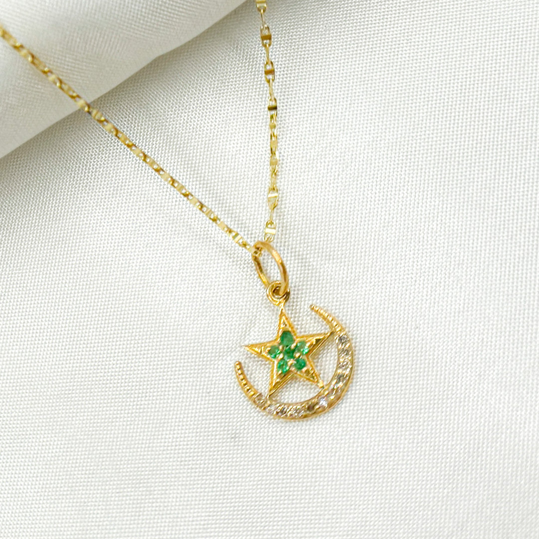 14k Solid Gold Diamond and Gemstone Moon and Star Charm. GDP403