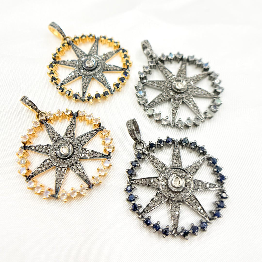 DSP065. Diamond Sterling Silver Round Star Pendant with Polki Diamond and Gemstone