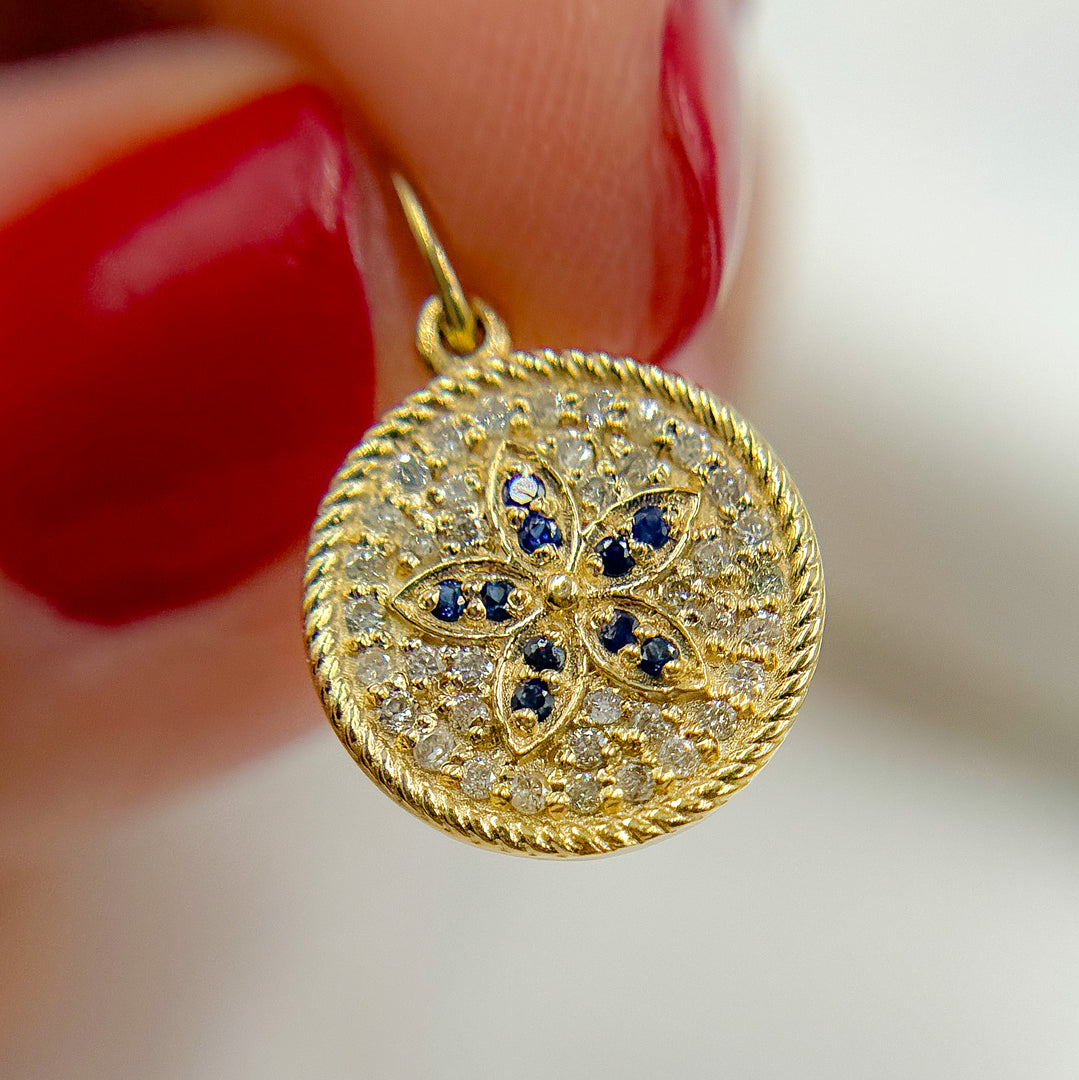 14K Solid Gold Diamond and Gemstone Flower Circle Charm. GDP364