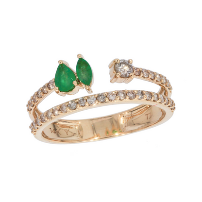 14k Solid Gold Diamond and Emerald Spiral Ring.