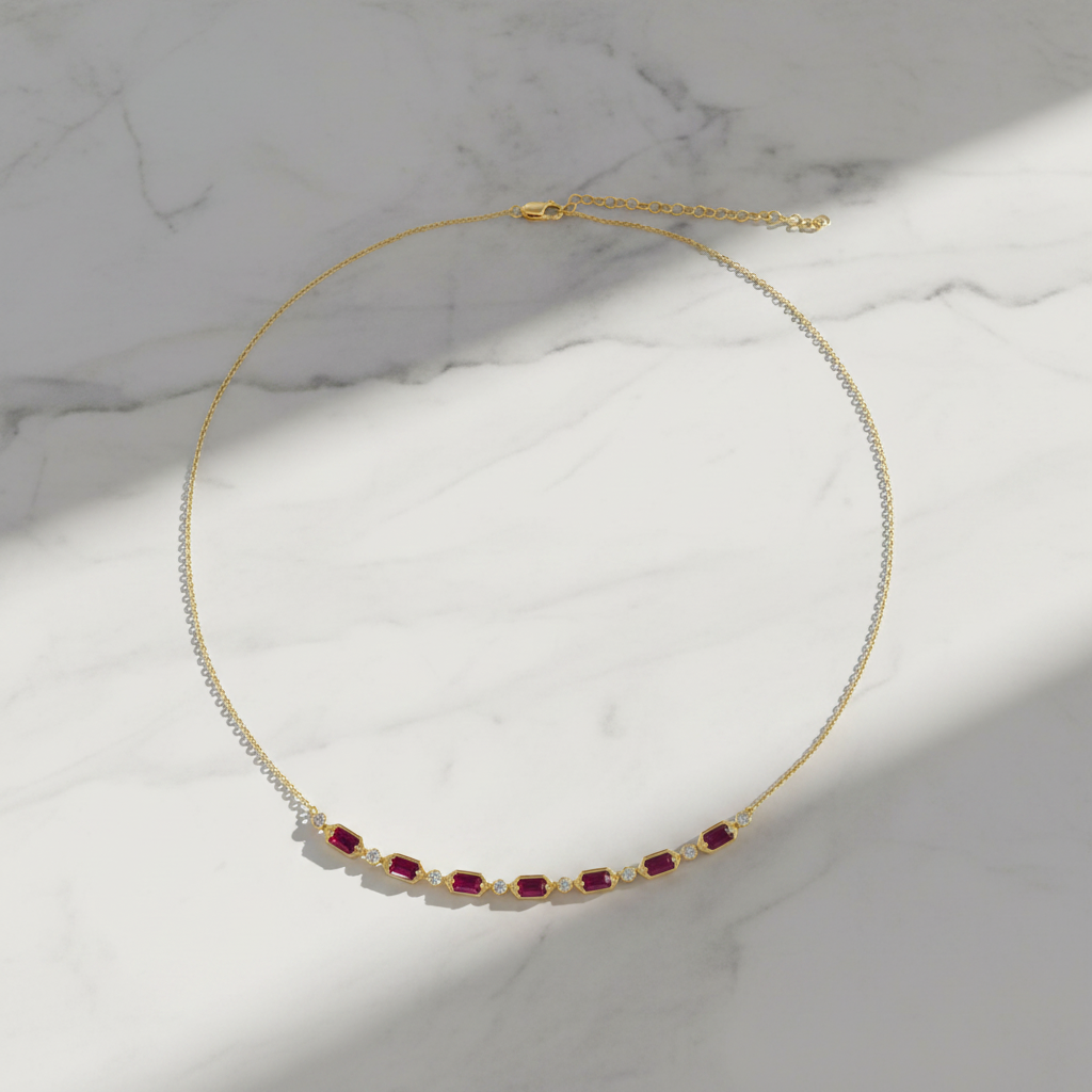 CN97254RU5X3. 14K Solid Gold Diamond & Ruby Necklace