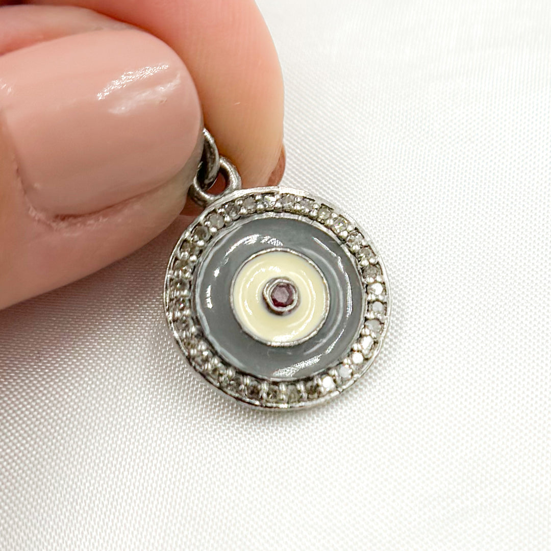 DC233A. Diamond Sterling Silver Round Enamel Charm with Gemstone