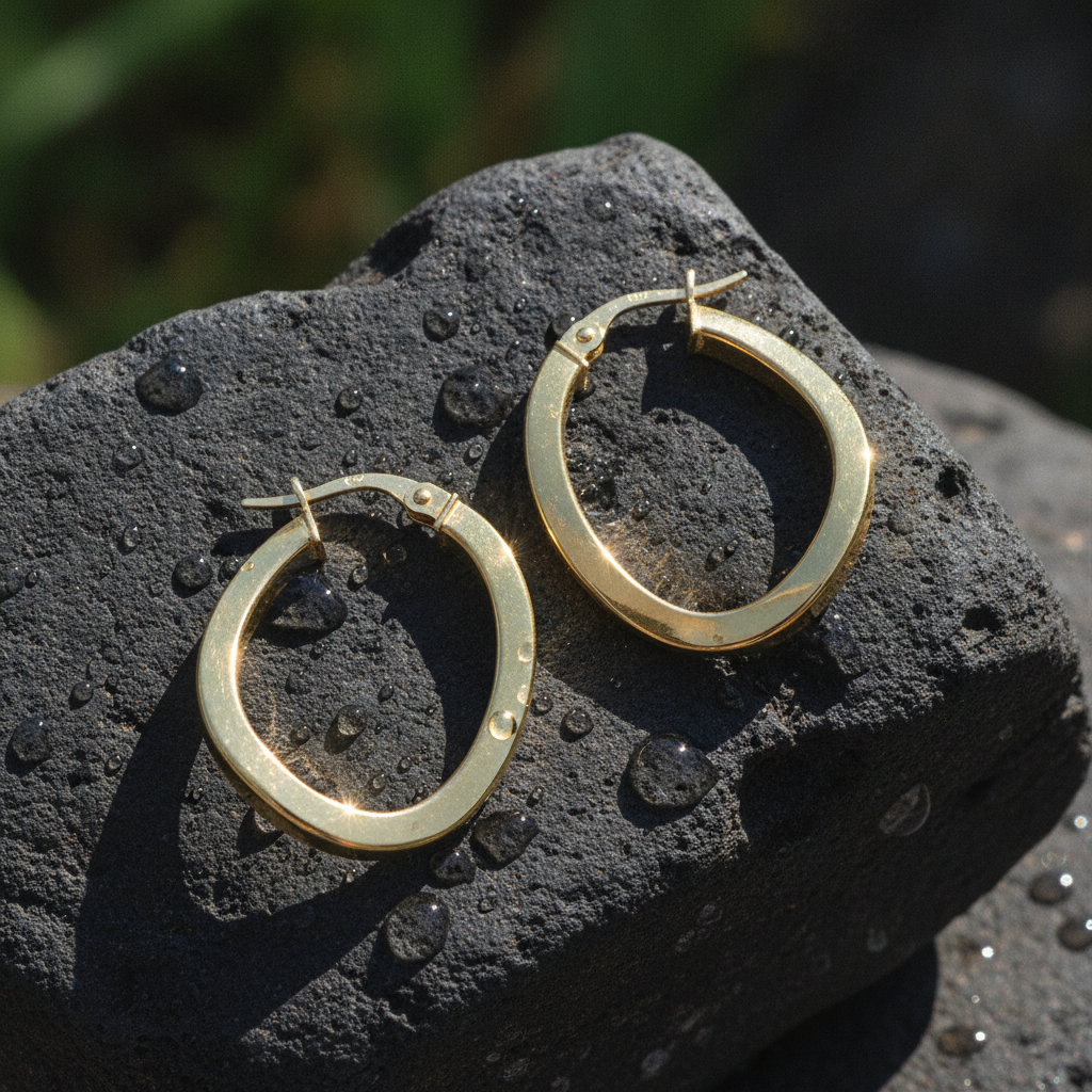 GER93. 14K Hollow Gold Flat & Twisted Hoop Earrings