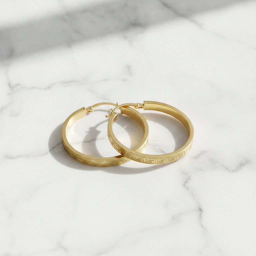 GER57. 14K Gold Hollow Flat Round Hoop Earrings with Texture