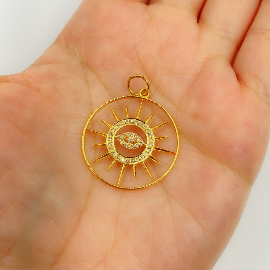 14K Solid Gold Diamond Circle Evil Eye & Sun Charm. GDP222