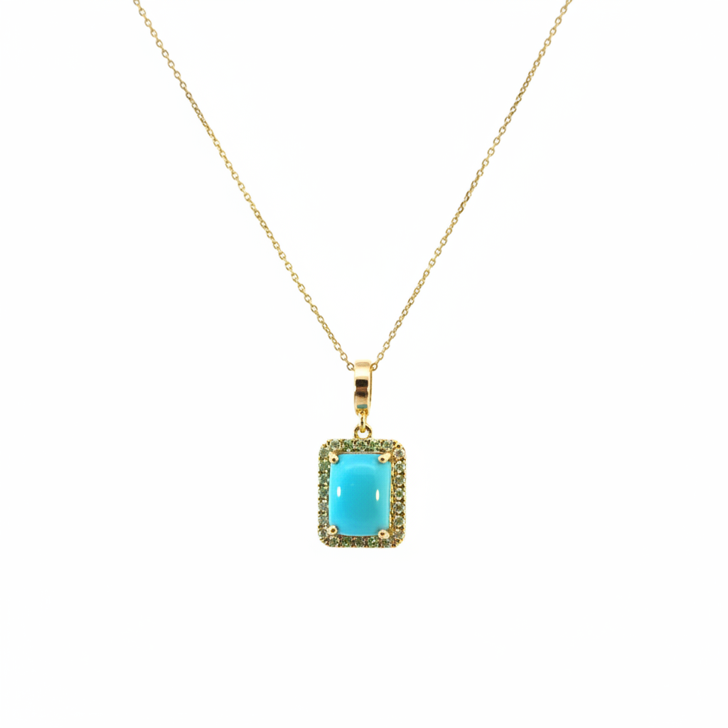CMD00365TQ8X6. 14K Solid Gold Rectangular-Shaped Turquoise and Diamond Charm