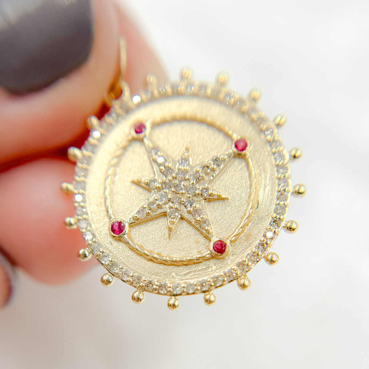 14k Solid Gold Diamond and Gemstone Star Circle Charm. GDP529