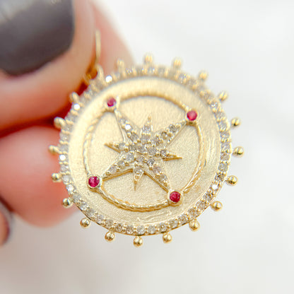 14k Solid Gold Diamond and Gemstone Star Circle Charm. GDP529