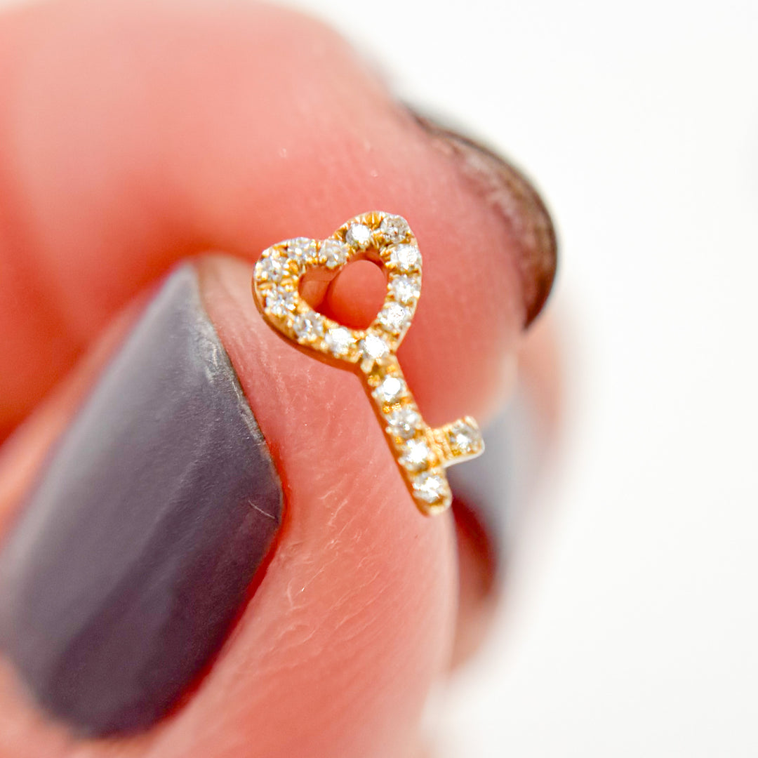 EFA53680. 14K Solid Gold Diamond  Key Heart Studs Earrings