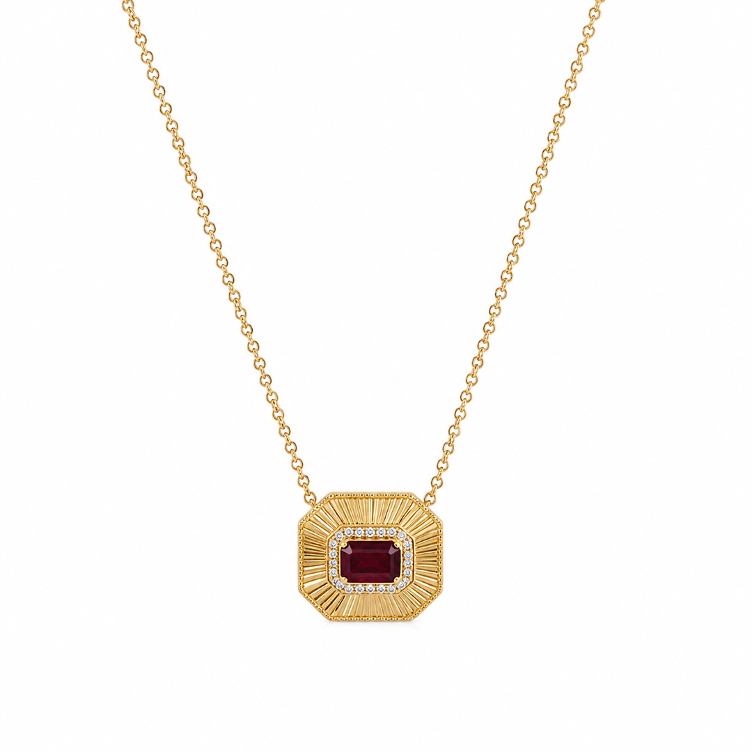 CN97285RU6X4. 14K Solid Gold Octagon Ruby and Diamond Fancy Tiny Necklace