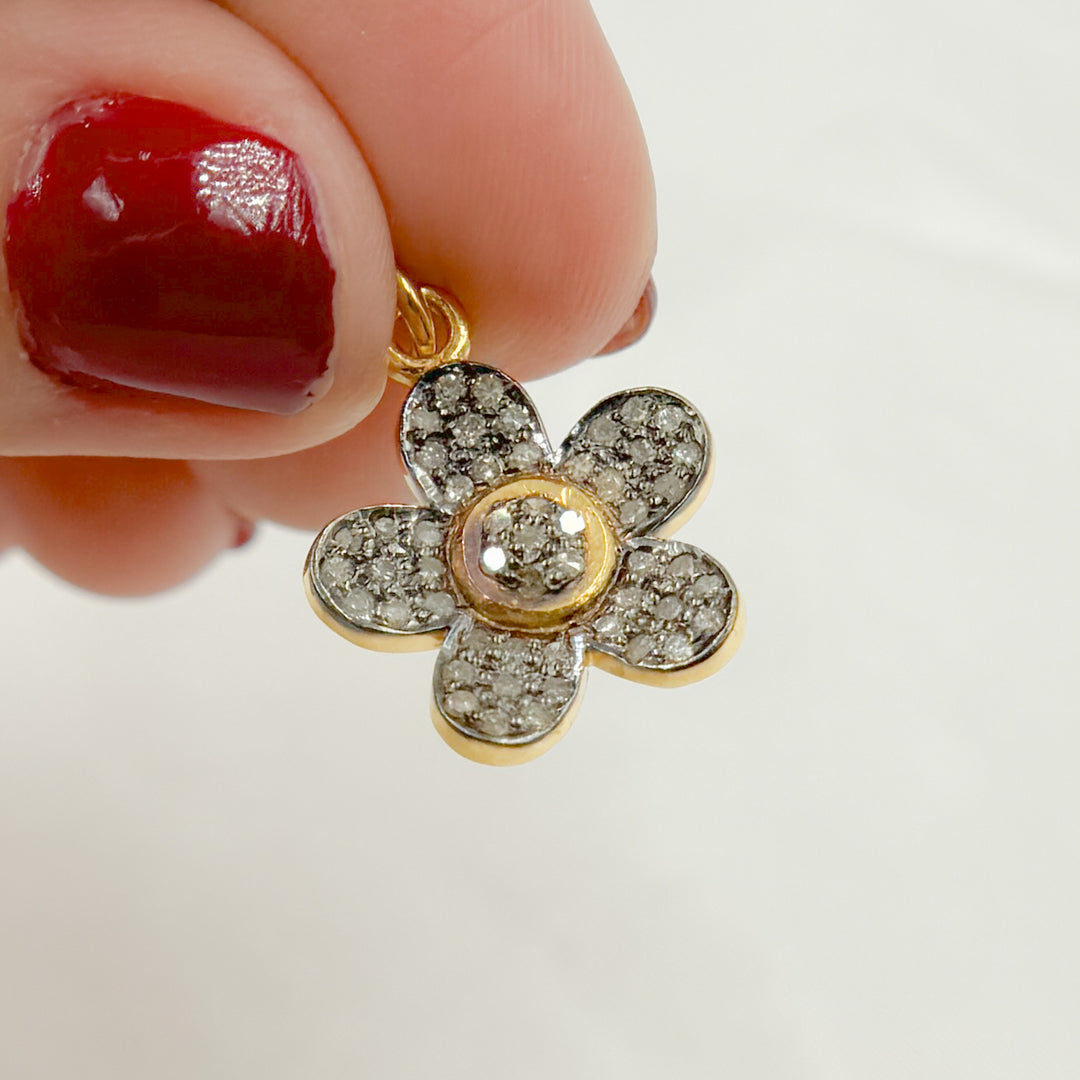 DC481. Pave Diamond & 925 Sterling Silver Black Rhodium, Two Tone (Black Rhodium and Gold Plated), Gold Plated, and Rose Gold Plated Flower Charm.