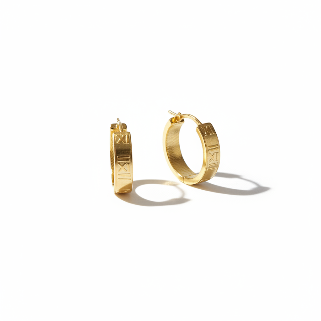 GER158. 14K Solid Gold Hollow Flat Hoop with Roman Number