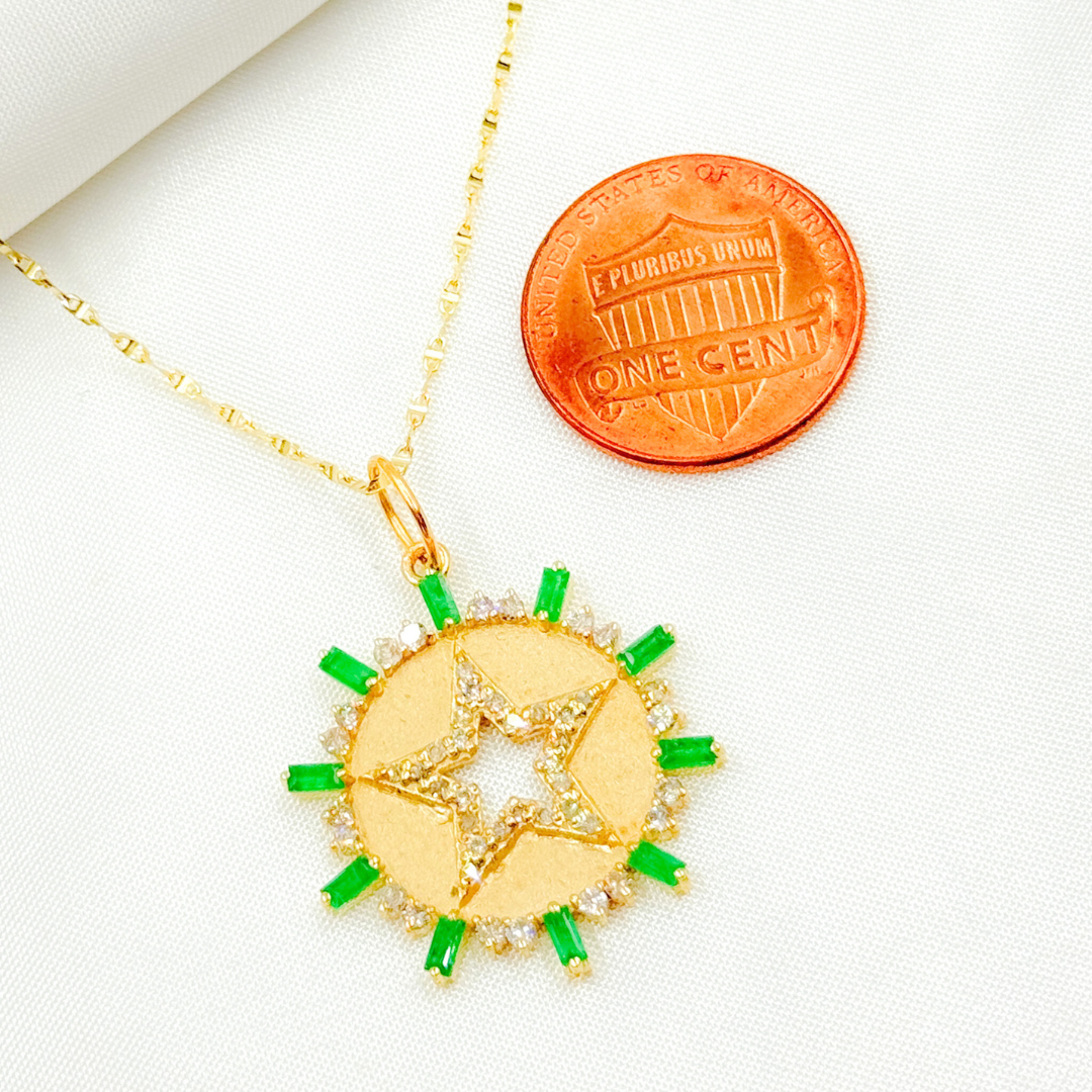 GDP622. 14K Solid Gold Diamond Circle Charm with Star in the Center with Gemstones