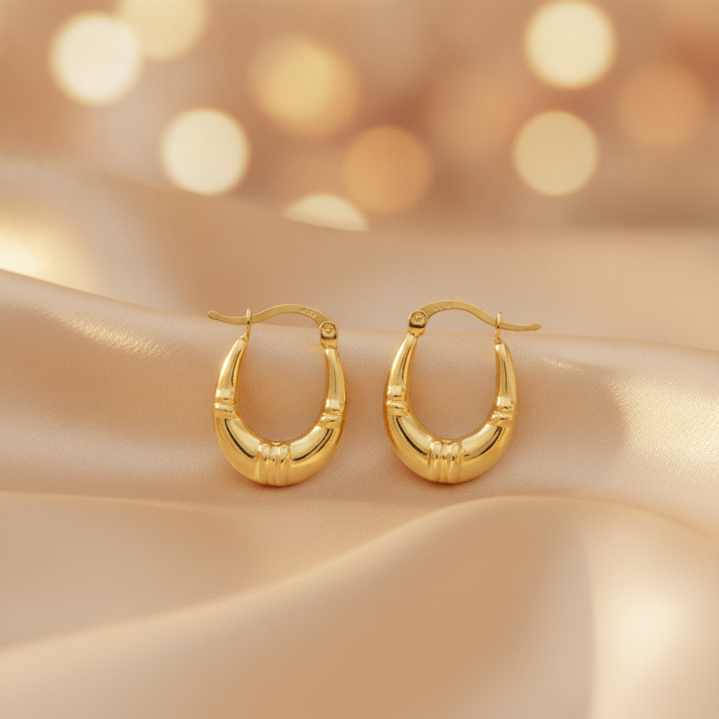 GER179. 14K Solid Gold Textured Hollow Hoops Earrings
