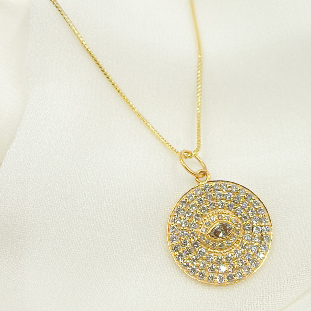 14K Solid Gold Circle Evil Eye Pendant Charm with Diamonds. GDP340