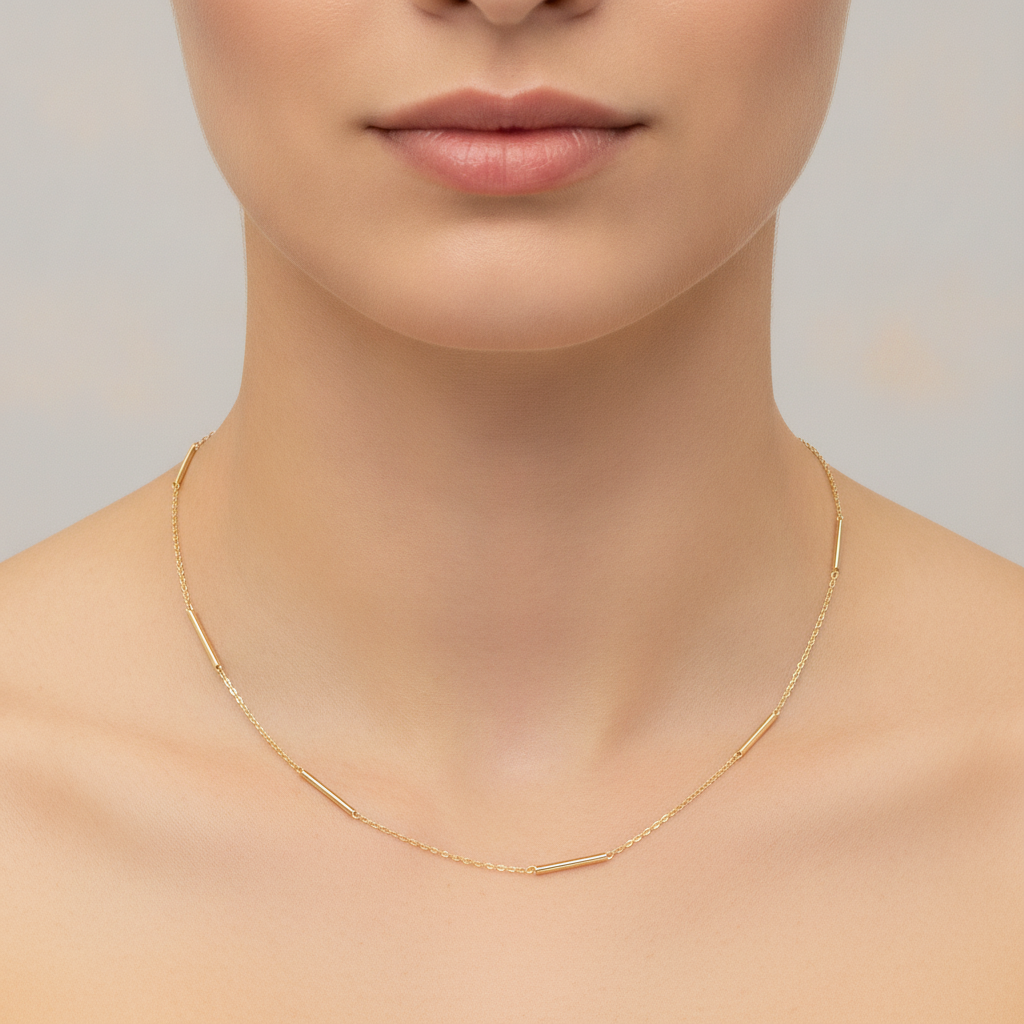 NKSET611. 14k Solid Yellow Gold Bars Link Necklace