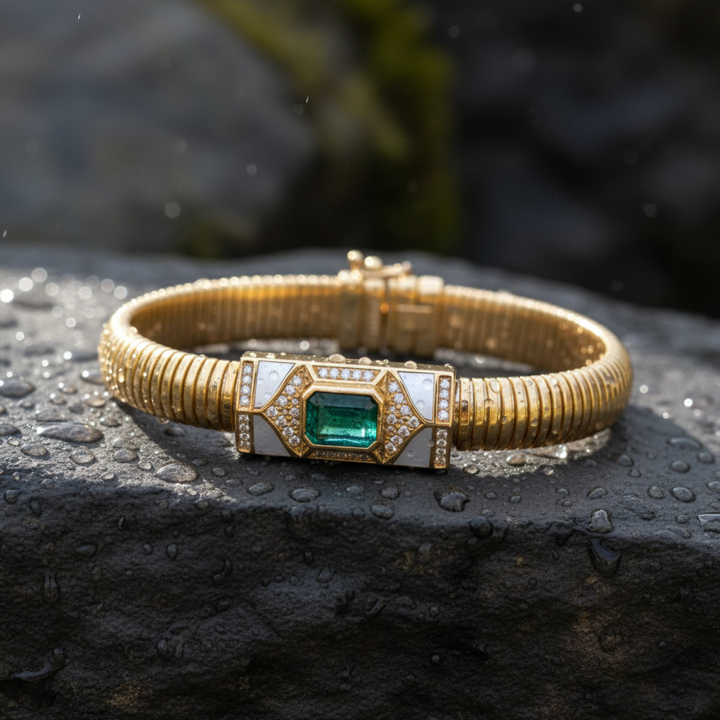 CB97170EM8X6. 14k Solid Gold Diamond, Emerald, and Mother of Pearl Fancy Bracelet