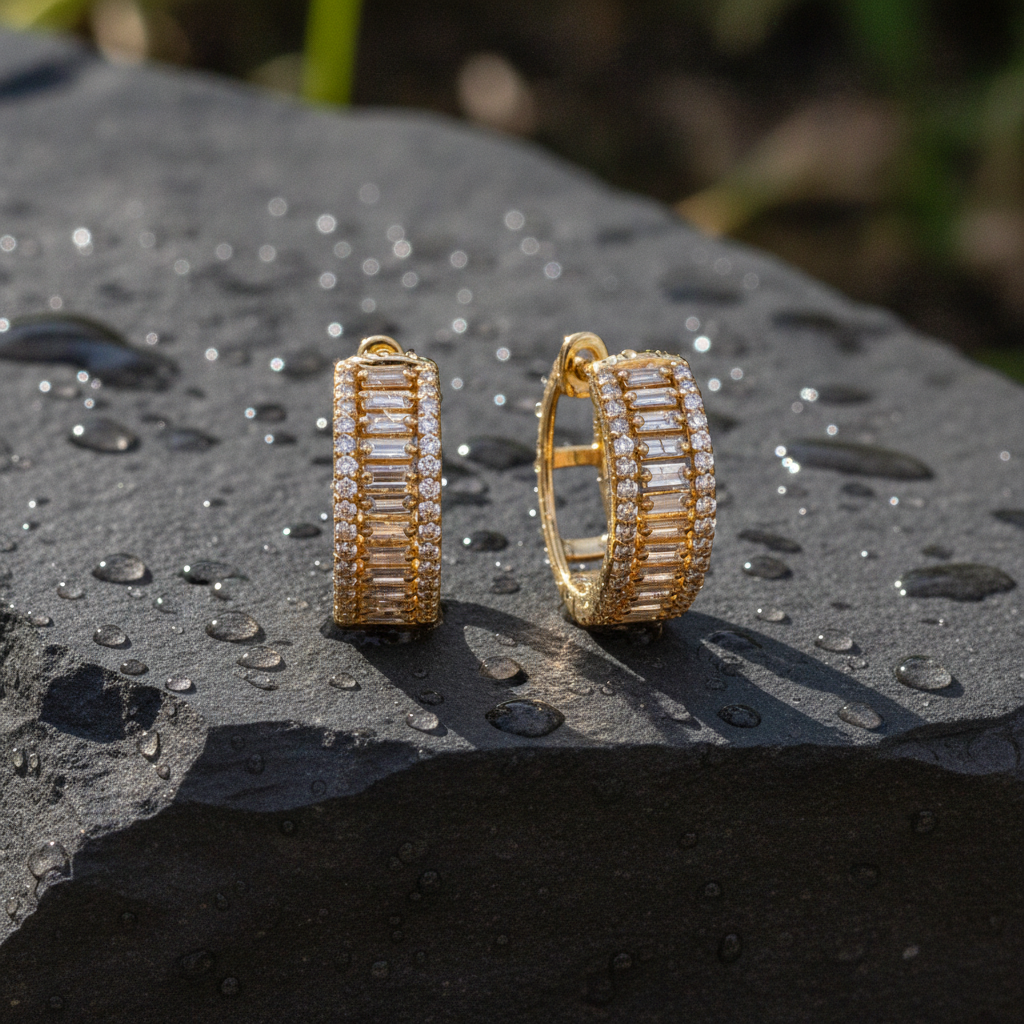 EHH57405. 14K Solid Gold Baguette Diamond Round Hoop