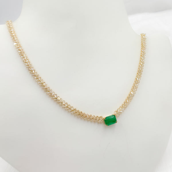 14K Solid Gold Baguette Diamond and Solitaire Emerald Necklace