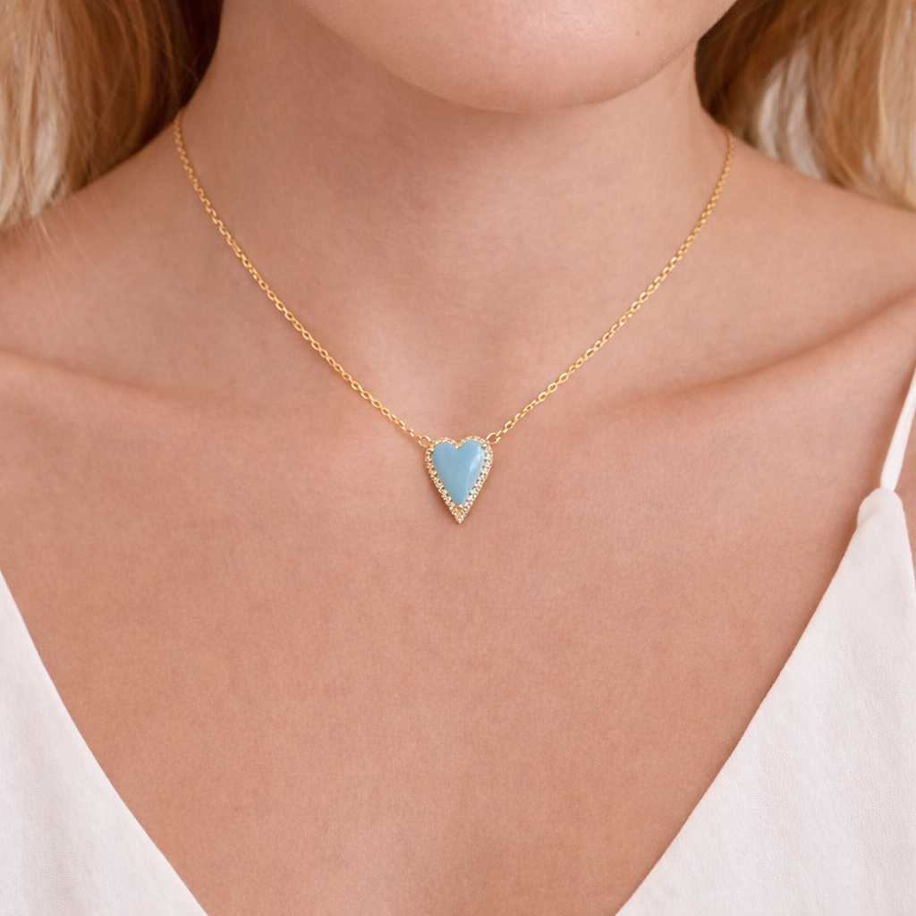 CN96244TQ. 14k Solid Gold Diamond and Turquoise Heart Necklace